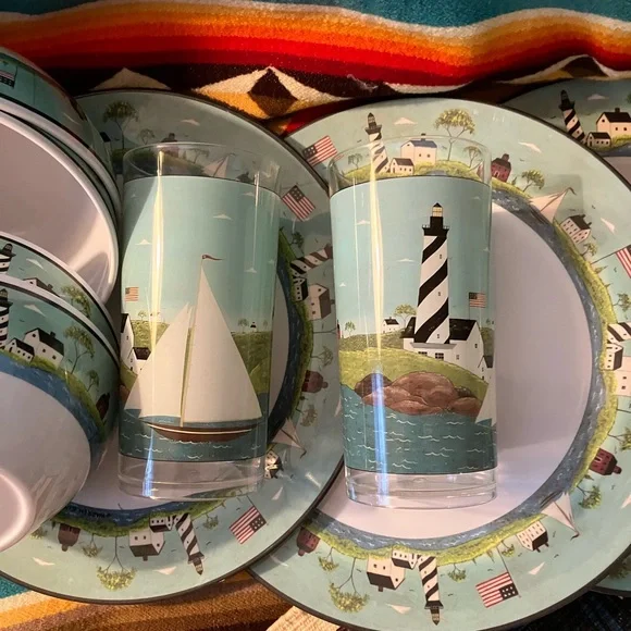 MELAMINE WARREN KIMBLE EVOLUTION COASTAL BREEZE 12 pc SET LIGHTHOUSE NAUTICAL - Picture 5 of 9